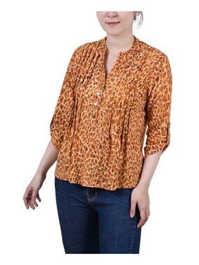 NY Collection Petite 3/4 Roll Tab Sleeve Pintuck Top Brown Leopard Size PXL